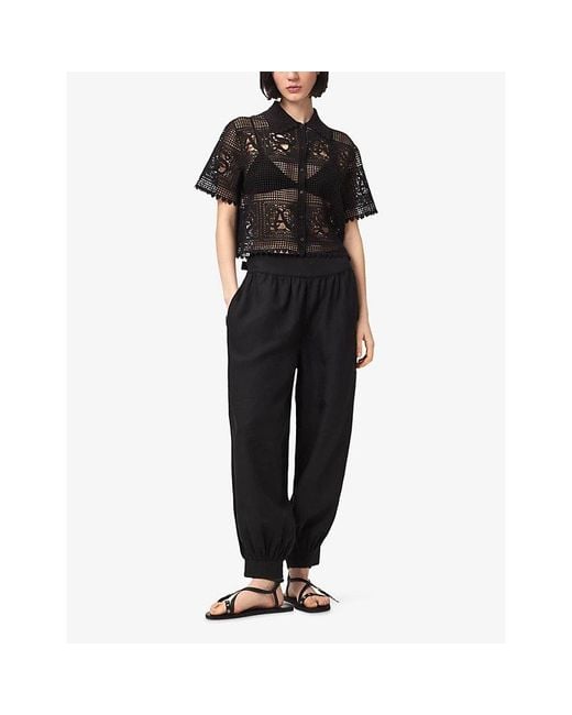 AllSaints Black Kyra Crochet Cropped Cotton Polo