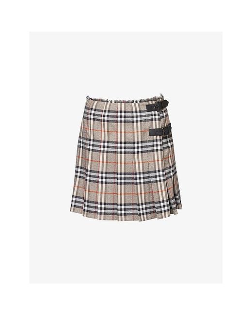 Burberry White Check-Print Pleated Wool Mini Skirt