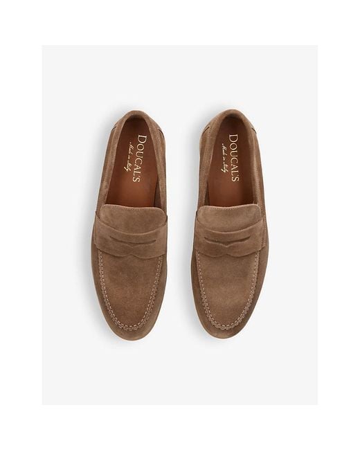 Doucal's Brown Wash Suede Penny Loafers for men