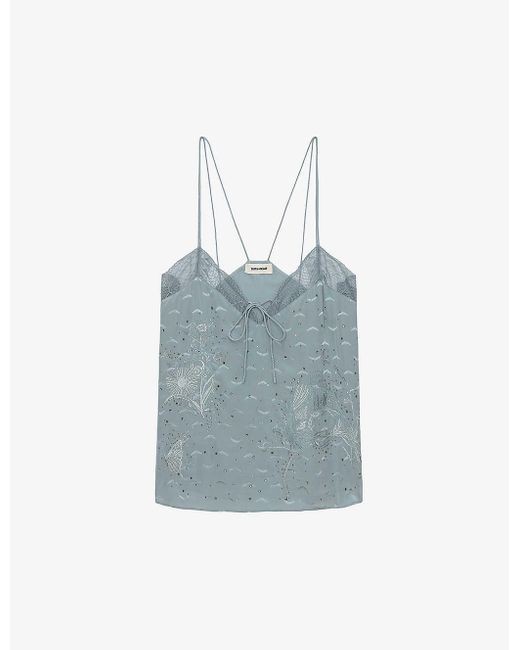 Zadig & Voltaire Blue Capela Lace-embroidered Silk Cami Top