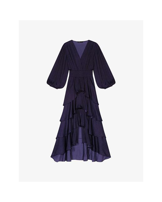 Maje Blue Ruffinella Smocked-Waist Ruffled Woven Maxi Dress