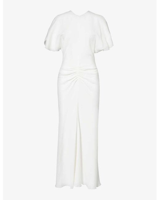 Victoria Beckham White Round-neck Ruched Stretch-crepe Maxi Dress