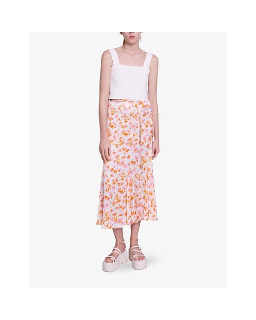 Maje White Floral-pattern Chain-belt Satin Midi Skirt