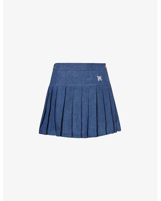 Palm Angels Blue Logo-embroidered Pleated Mid-rise Linen Mini Skirt