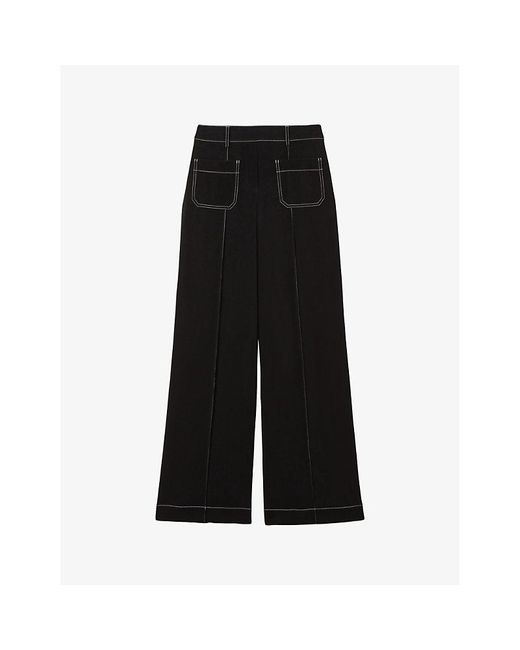 Reiss Black Kylie Contrast-stitching Wide-leg High-rise Stretch-woven Trousers