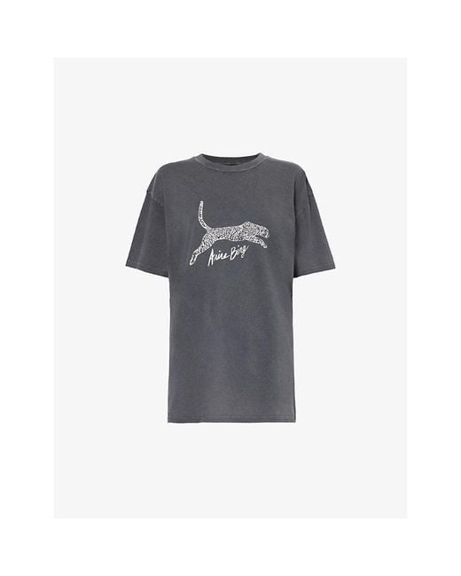 Anine Bing Gray Leopard Brand-print Organic-cotton Jersey T-shirt