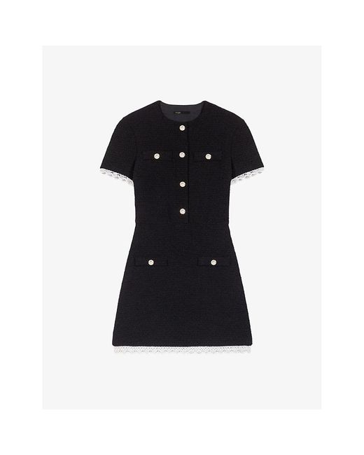Maje Black Lace-trim Welt-pocket Woven Mini Dress
