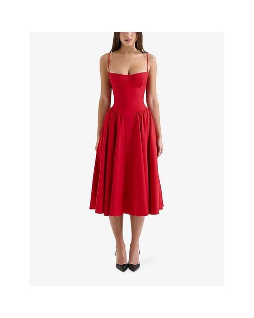 House Of Cb Samaria Corseted Woven Midi Dress in Red | Lyst