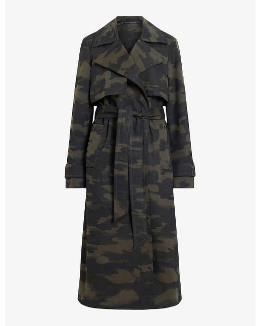 AllSaints Black Mixie Camo-print Relaxed-fit Cotton Trench