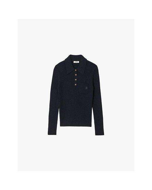 Sandro Blue Long-Sleeved Polo-Collar Knitted Jumper