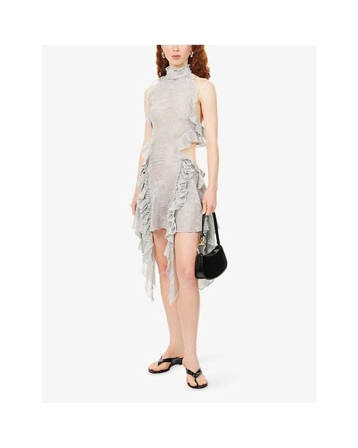 Siedres Gray Bonnie Asymmetric Halter Metallic-Knit Mini Dress