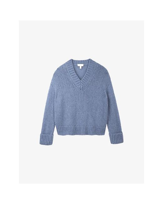 The White Company Blue V-Neck Knitted Wool-Blend Jumper