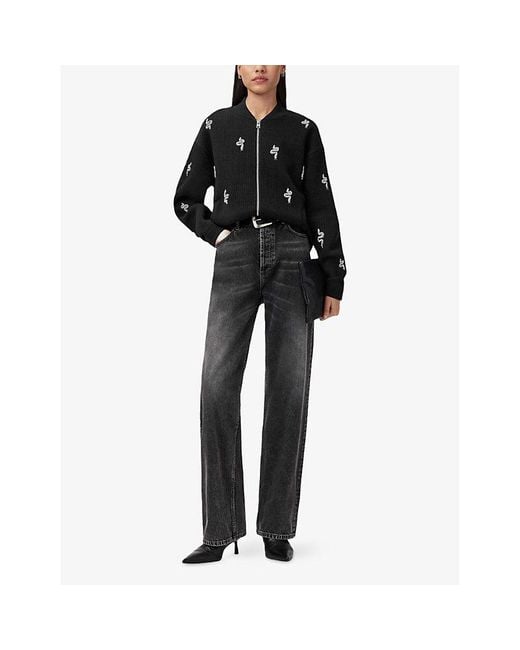 AllSaints Black Rhea Snake-Embellished Cotton-Blend Bomber Jacket