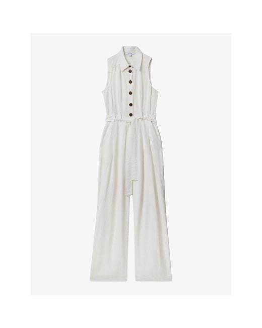 Reiss White Perla Belted Woven Jumpsuit