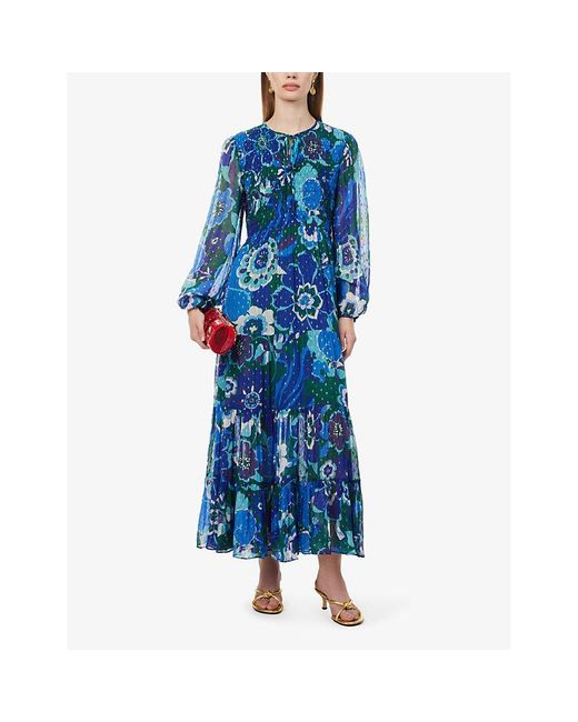 Rixo Blue Lori Floral-print Tiered Georgette Midi Dress