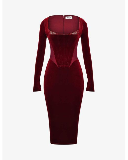 House Of Cb Solaine Lacetrimmed Corsetstyle Stretchvelvet Midi Dress