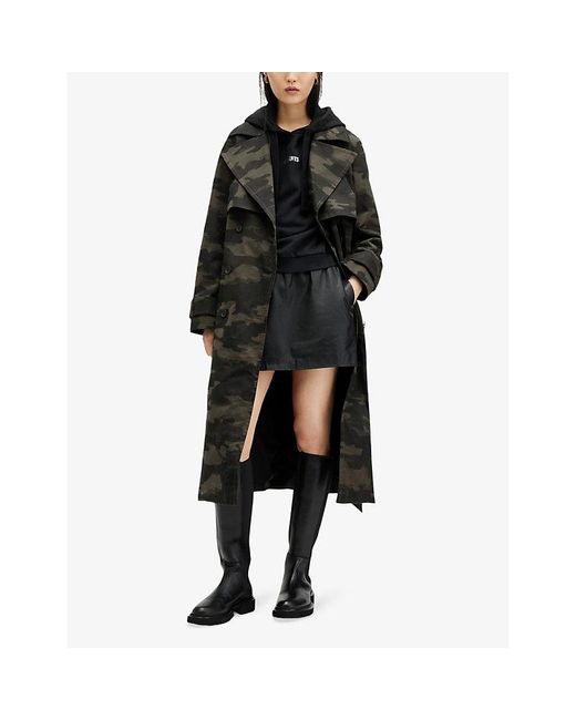 AllSaints Black Mixie Camo-print Relaxed-fit Cotton Trench