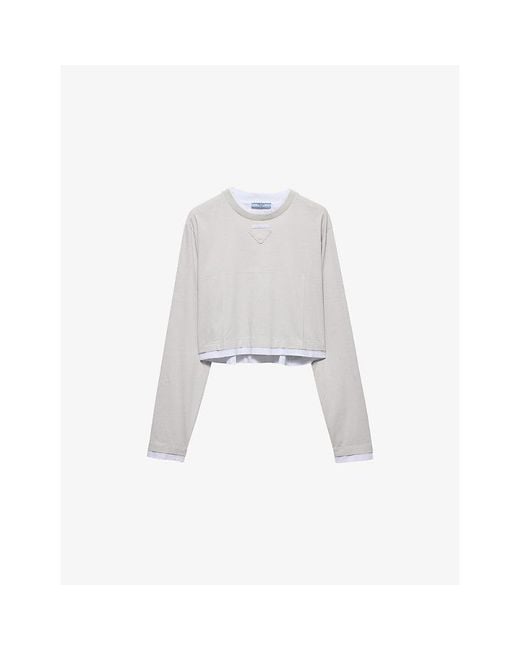 Prada White Triangle-Patch Long-Sleeve Cotton-Jersey T-Shirt