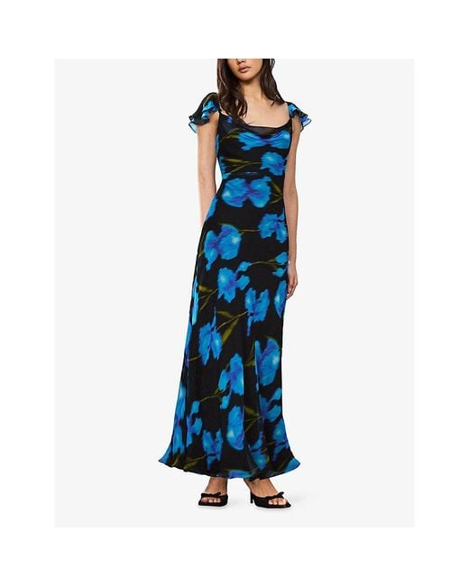 Ro&zo Blue Imola Floral-Print Cowl-Neck Woven Maxi Dress
