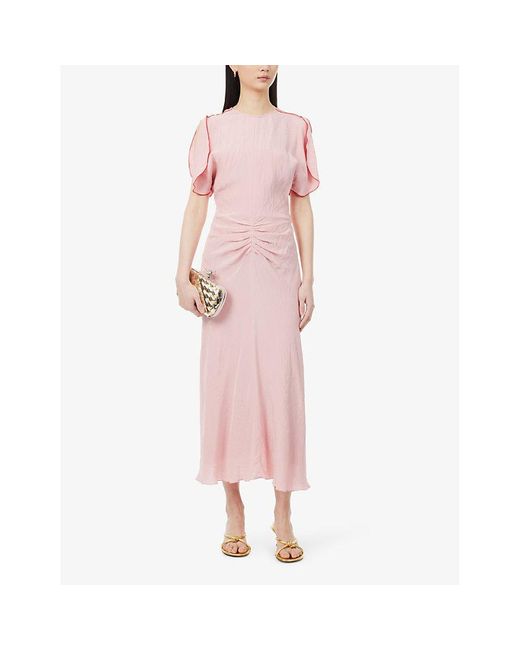Victoria Beckham Pink Fluid-sleeve Ruched-waist Crepe Midi Dress