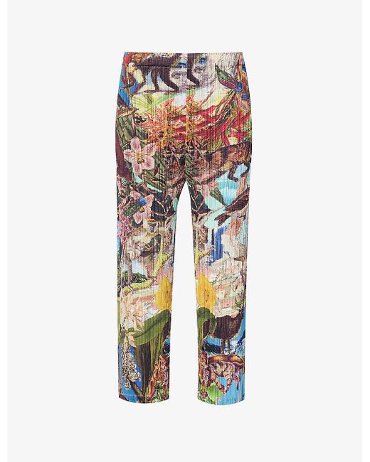 Pleats Please Issey Miyake Multicolor Aurora Jungle Pleated Straight-leg Knitted Trousers