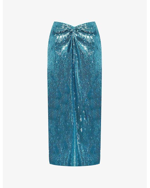 Ro&zo Blue Twist-front Sequin-embellished Stretch-woven Midi Skirt