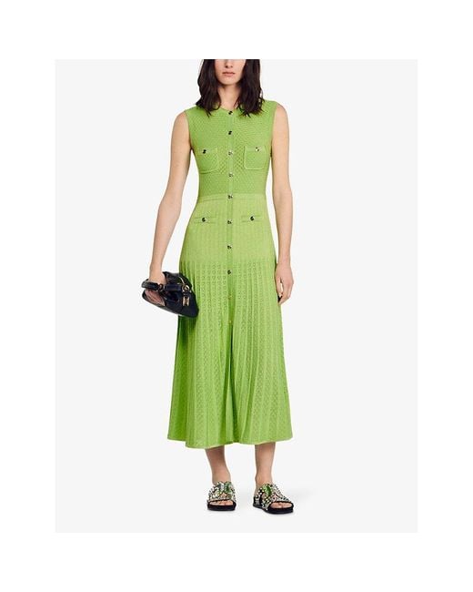 Sandro Green Patch-pocket Pleated Pointelle-knit Midi Dress