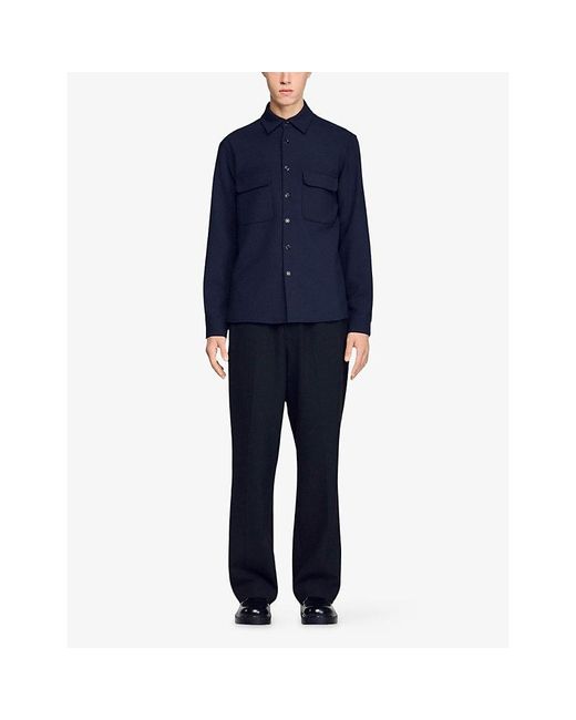 Sandro Blue Long-Sleeved Chest-Pocket Woven Shirt for men