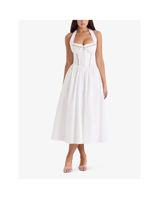 House Of Cb White Emilia Halter-Neck Cotton Midi Dress