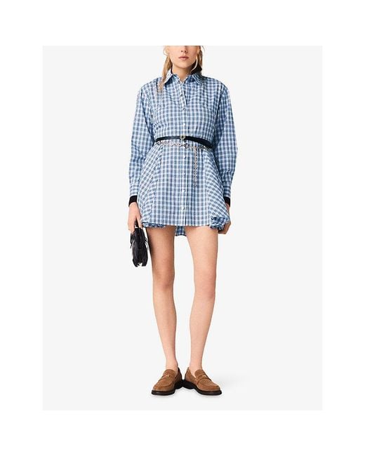 Maje Blue Checked Rhinestone-Embellished Cotton Mini Dress