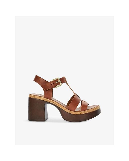 Dune Brown Jungle T-bar Leather Heeled Sandals