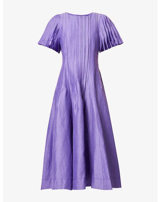 Aje. Purple Nova Pleated Flared-hem Linen-blend Maxi Dress