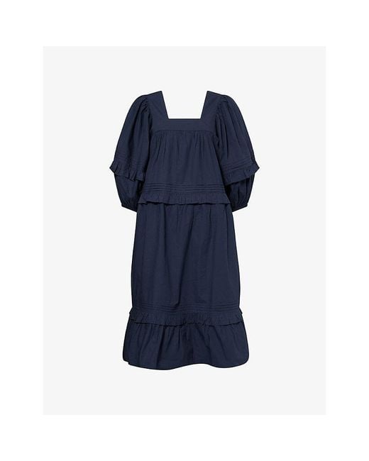 Skall Studio Blue Alice Square-Neck Cotton Midi Dress