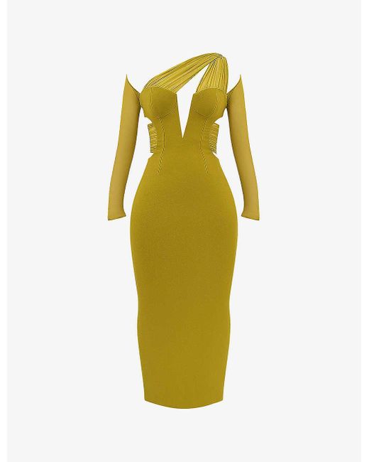 House Of Cb Yellow Zahra Plunge-neck Recycled-polyester Maxi Dres