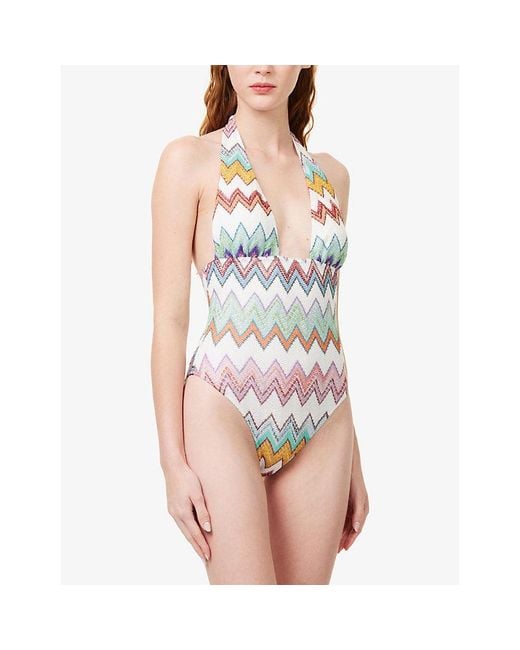 Missoni White Halter-Neck Zig-Zag Pattern Swimsuit