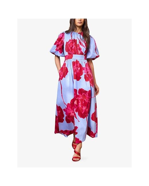 Ro&zo Red Floral Puff-Sleeved Stretch-Cotton Maxi Dress
