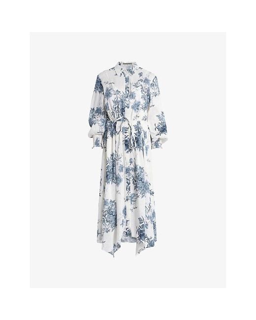 AllSaints Blue Skye Dekorah Graphic-print Asymmetric-hem Silk And Linen-blend Midi Dress
