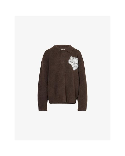 The Couture Club Brown Fluffy Monogram Knit Polo Jumper