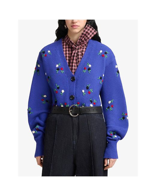 Marni Blue Flower-Embroidery Wool And Cashmere Cardigan