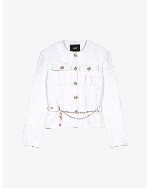Maje White Adjustable Belt And Charm Tweed Jacket