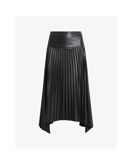 AllSaints Black Sylvy Pleated Faux-leather Midi Skirt
