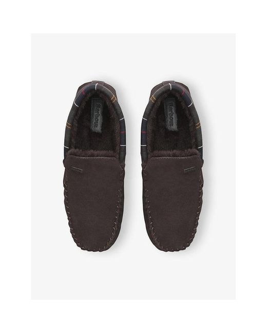 Barbour Black Monty Faux-Shearling Lined Tartan-Check Suede Slippers for men