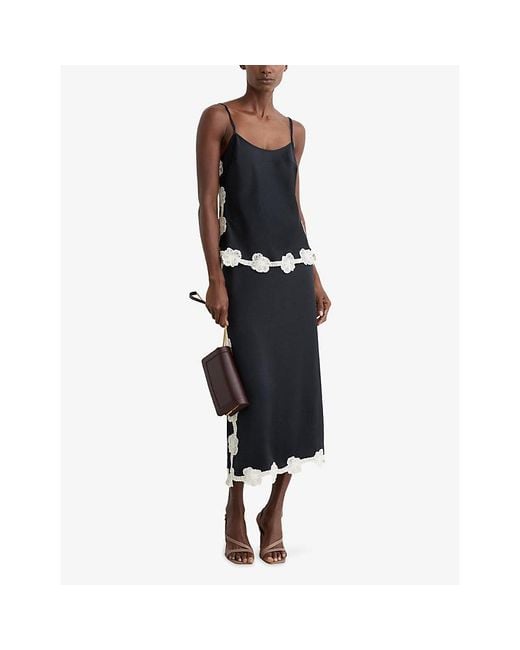 Reiss Black Doa Floral-Lace Stretch-Satin Top