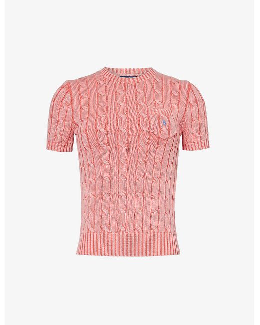 Polo Ralph Lauren Pink Logo-embroidered Cable-knit Cotton Top X