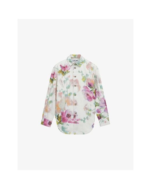 Loewe White Floral-Print Anagram-Patch Cotton Overshirt