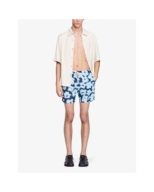 Sandro Blue Floral-print Elasticated-waist Woven Swim Shorts for men
