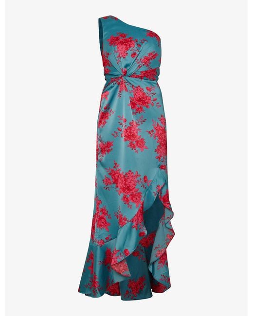 Chi Chi London Blue One-shoulder Floral-print Satin Midi Dress