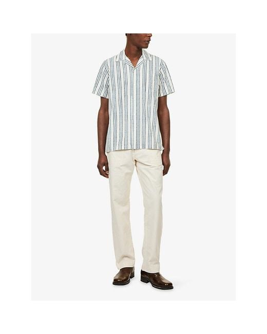 Drake's Blue Tri-Stripe Short-Sleeve Cotton Shirt for men