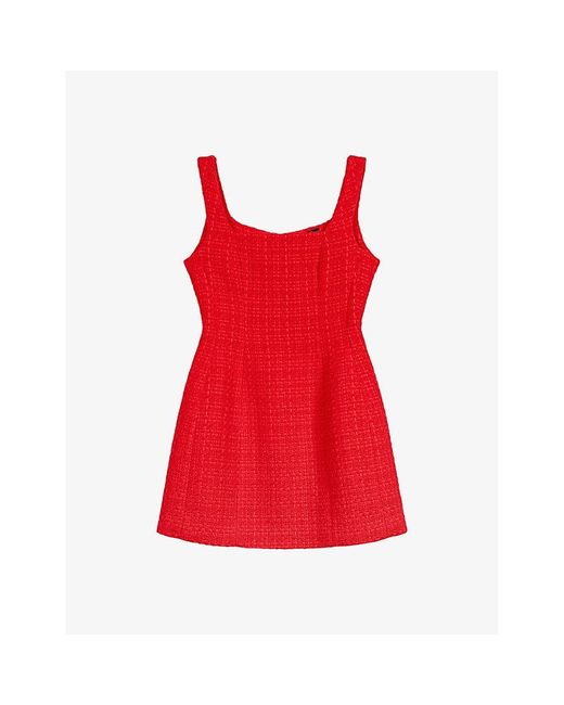 Maje Red Square-neck Tweed Cotton-blend Mini Dress