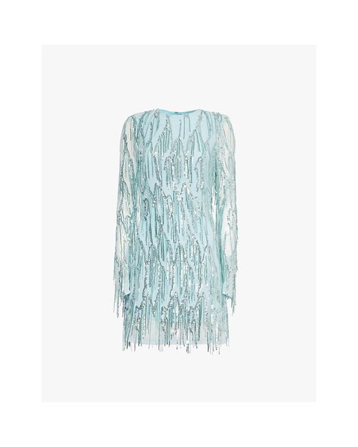 ROTATE BIRGER CHRISTENSEN Blue Sequin-Tassel Long-Sleeve Recycled-Polyester Mesh Mini Dress